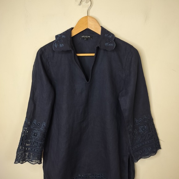 Lafayette 148 Linen Shirt Tunic Embroidered Eyelet Navy - Picture 2 of 9